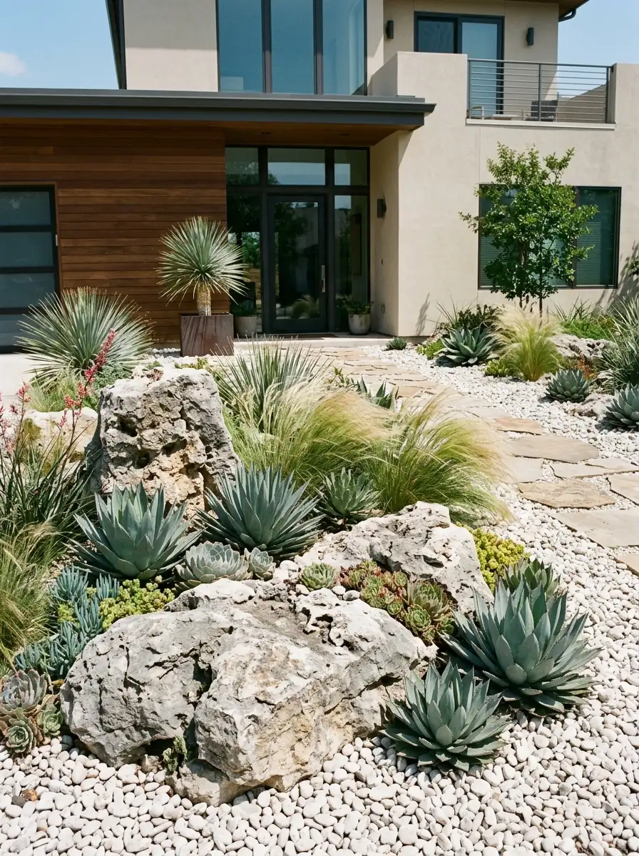 Large limestone boulders and white gravel with succulents and ornamental grasses in a stunning front yard without grass