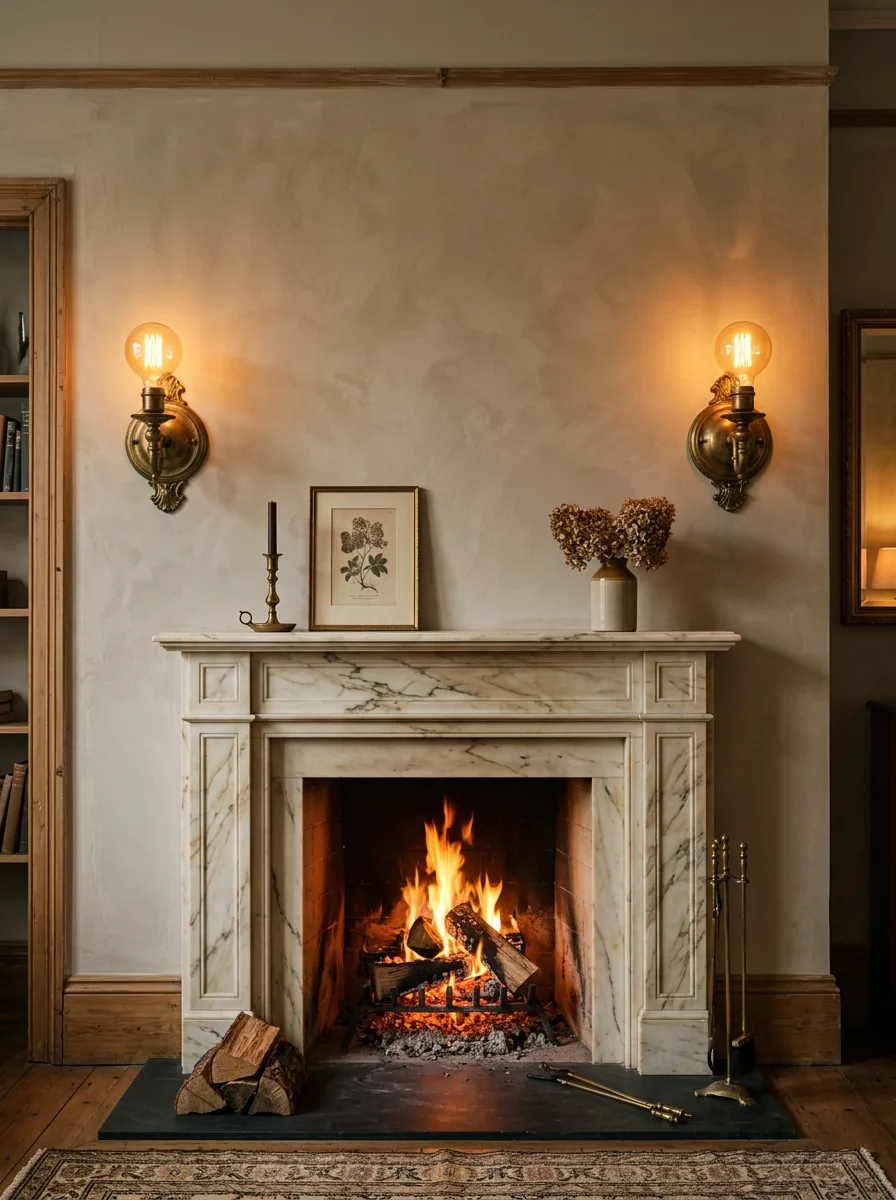 20 Fireplace Design Ideas Built Around the Three Pillars of Color, Space, and Flame 9 Fireplace design ideas with brass sconces flanking a marble surround, layered warm lighting, and active amber flame in an elegant living room