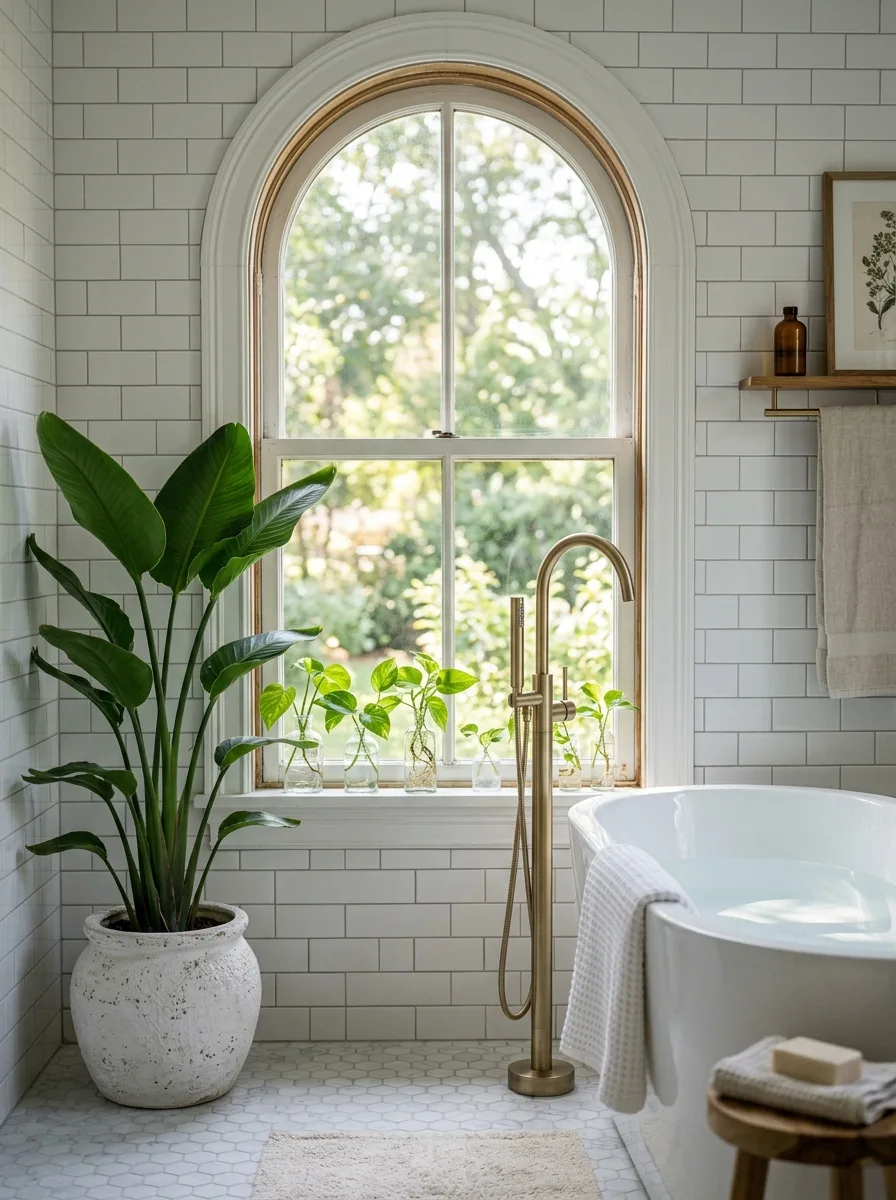 The 20 Houseplant Corners We Keep Coming Back to for Real Inspiration 12 Bright bathroom houseplant corner with bird of paradise by arched window, pothos in glass propagation vessels, white tiles, brass fixtures