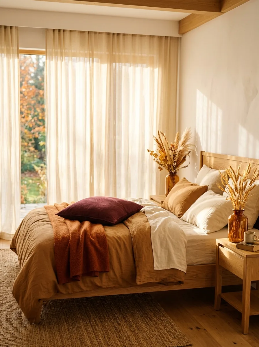 Bright fall bedroom look with ivory linen curtains, caramel cream bedding layers, rust throw, burgundy pillow, and dried wheat stems in amber vase