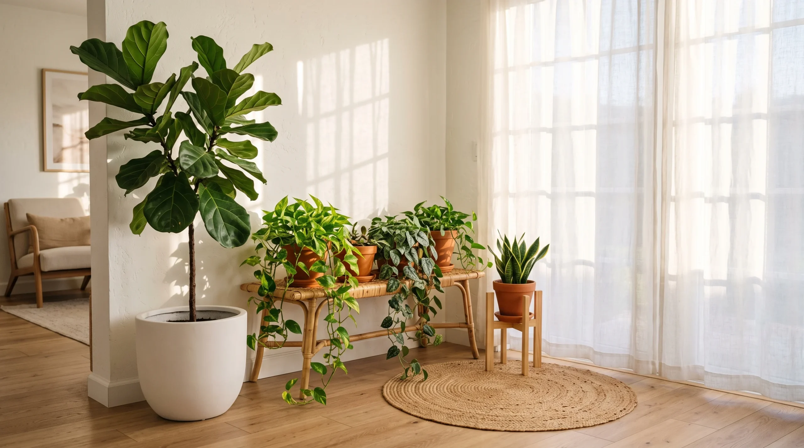 Bright living room houseplant corners with fiddle leaf fig, trailing pothos, and rattan bench in warm afternoon sunlight