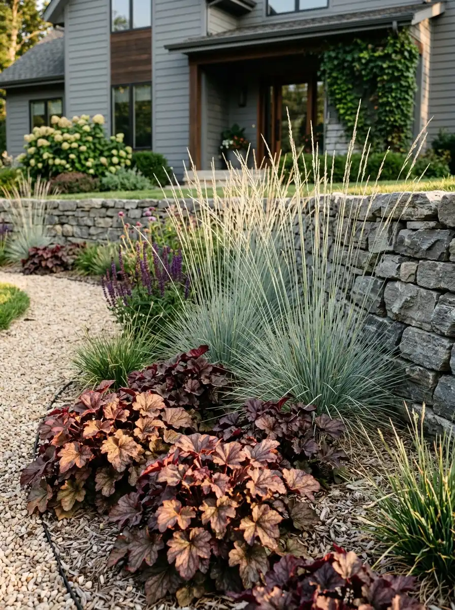 Bronze coral bells front yard paired with blue fescue ornamental grasses against a gray stone retaining wall with warm afternoon light and gravel mulch