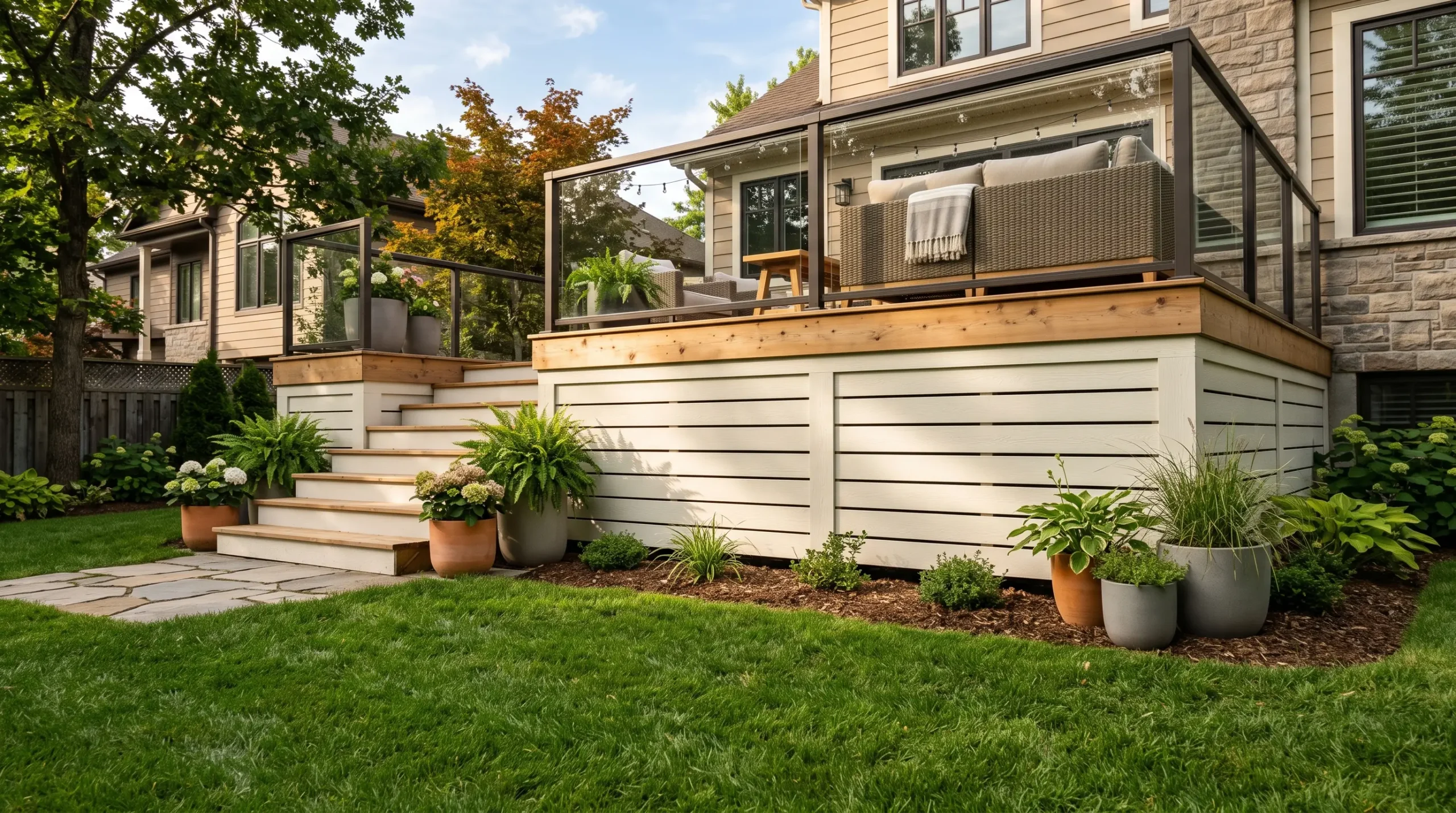 Budget-friendly deck skirting ideas with white horizontal wood slat panels in a sunny backyard setting