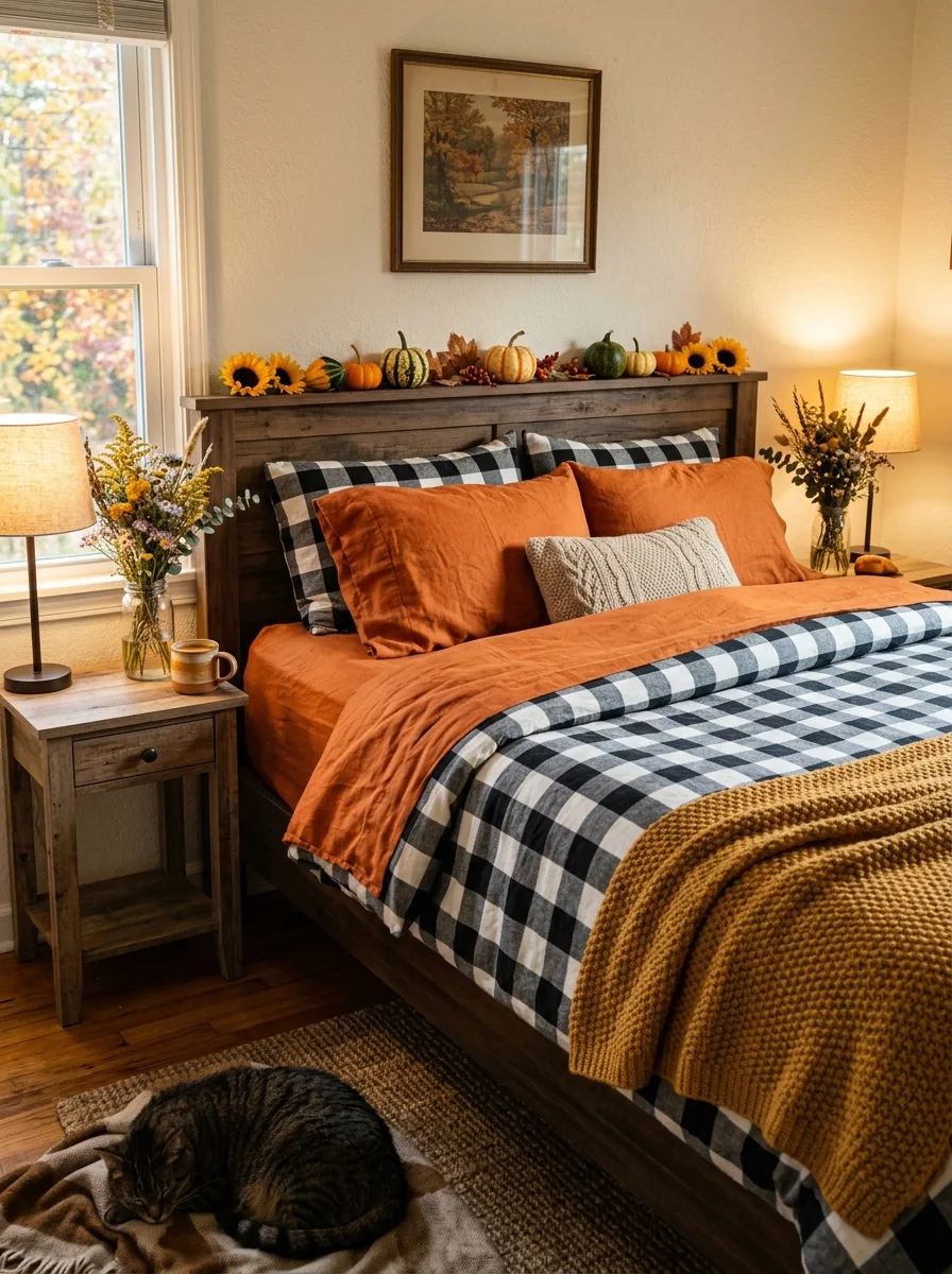 Buffalo check fall bedroom look with orange sheets, sunflowers on headboard ledge, and warm lamp light on both sides
