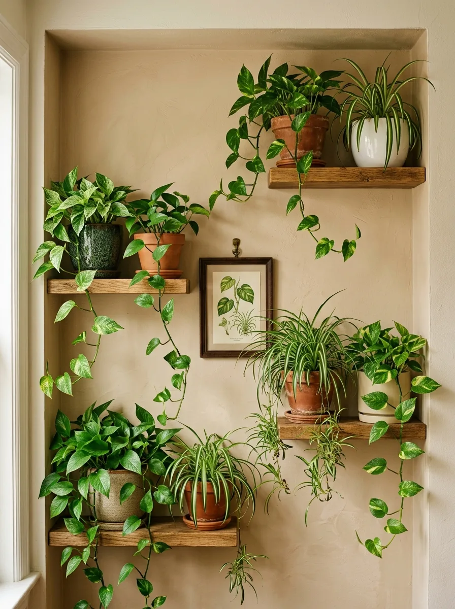 The 20 Houseplant Corners We Keep Coming Back to for Real Inspiration 5 Cozy built-in alcove houseplant corner with cascading trailing pothos, spider plants, terracotta pots, and framed botanical print