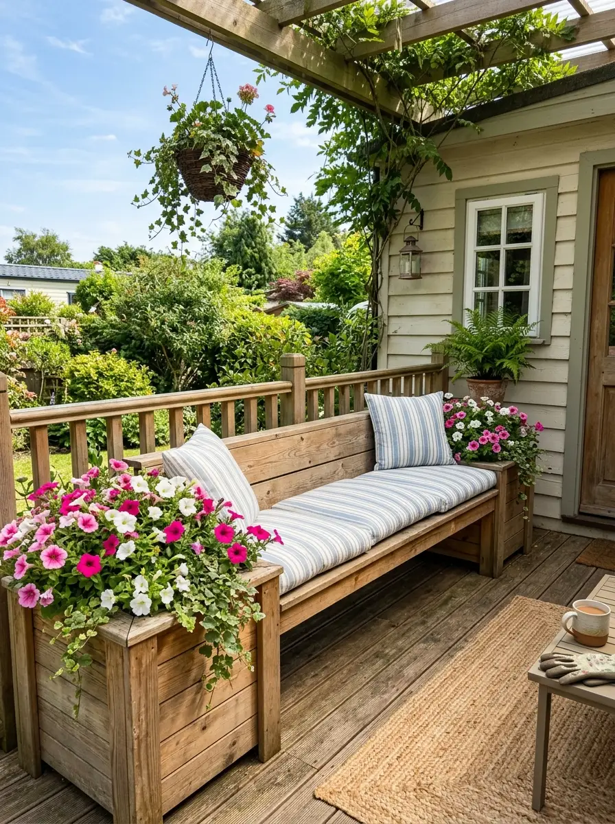 Wooden built-in bench with integrated pink petunia planters and blue striped cushions on a mobile home deck in afternoon light