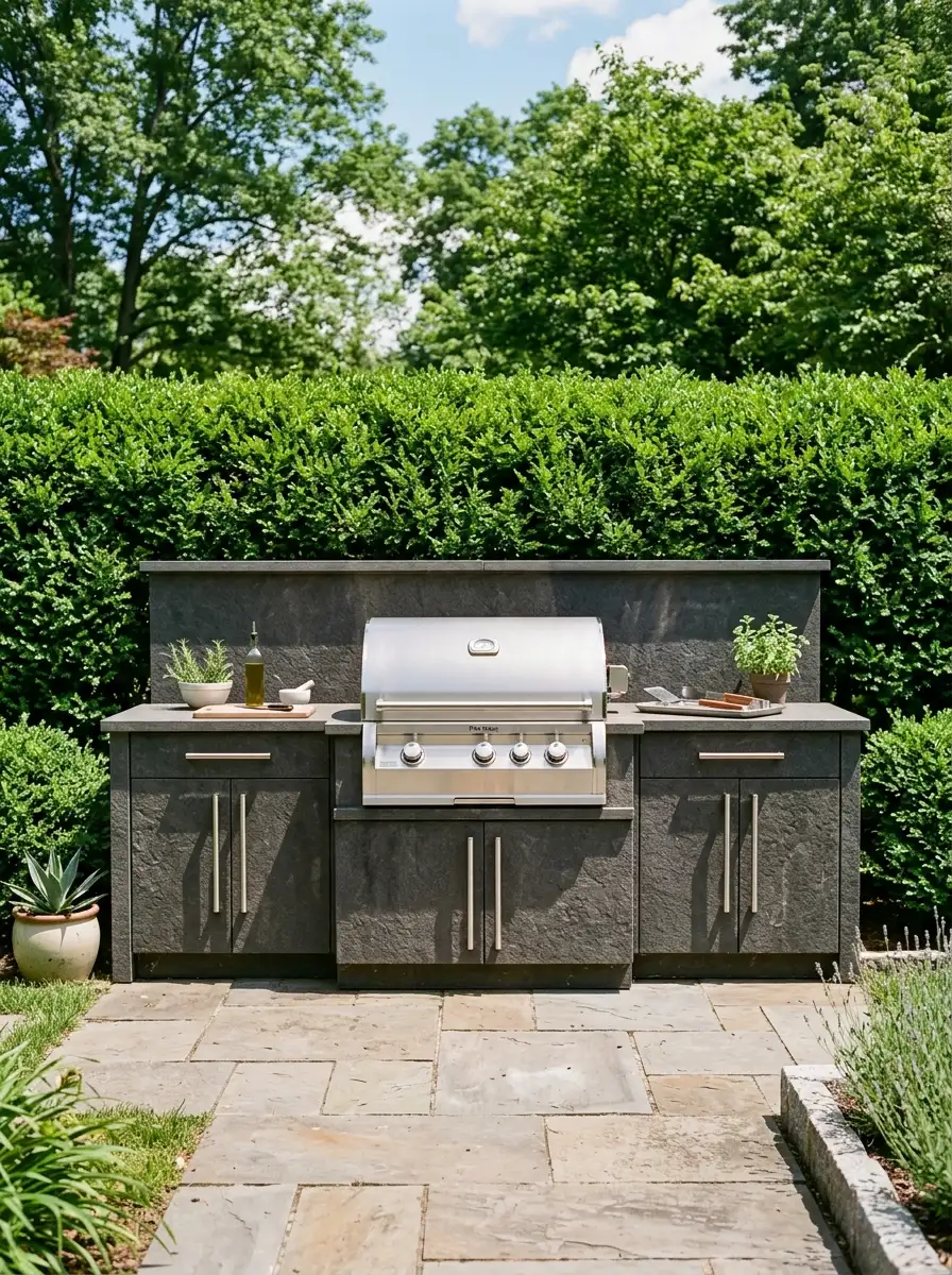 Built-in outdoor grill station with symmetrical charcoal stone storage cabinets, brushed steel handles, stainless grill, boxwood hedge backdrop at midday