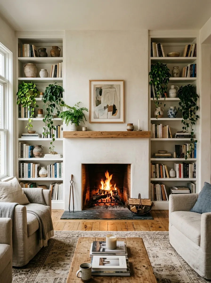 20 Fireplace Design Ideas Built Around the Three Pillars of Color, Space, and Flame 10 Living room fireplace design with built-in white shelving on both sides, books, ceramics, trailing plants, and active warm flames