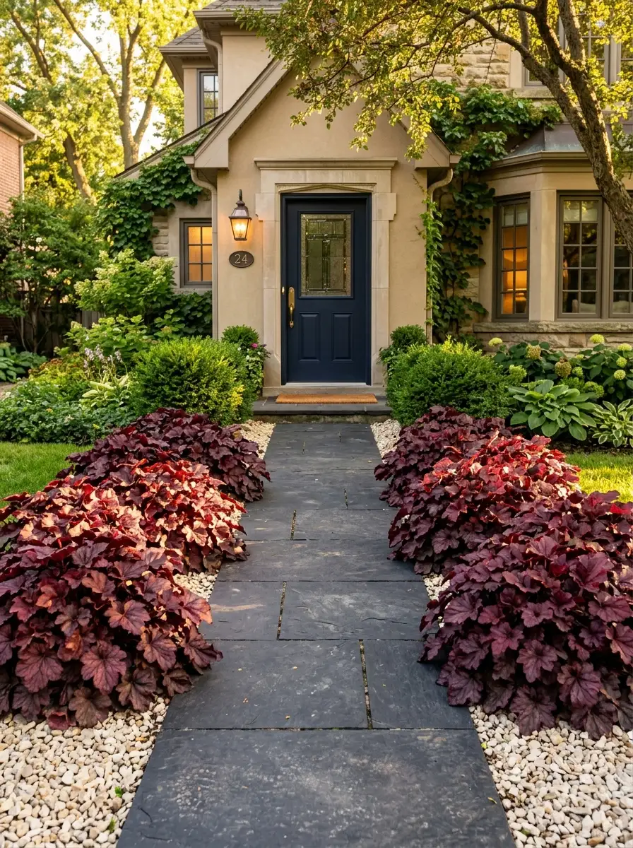 Burgundy coral bells landscaping mounded along a charcoal slate pathway leading to a navy front door with limestone gravel mulch