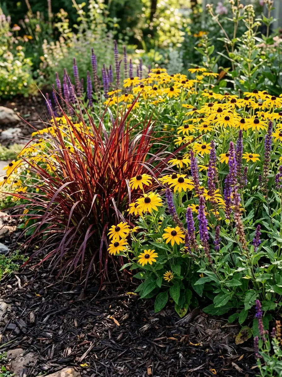 23 Stunning Ways Ornamental Grasses Can Transform Your Landscape With Texture, Movement, Privacy, and Year-Round Style 18 Burgundy ornamental grass alongside yellow black-eyed Susans and purple salvia in a richly colored summer garden bed with dark mulch
