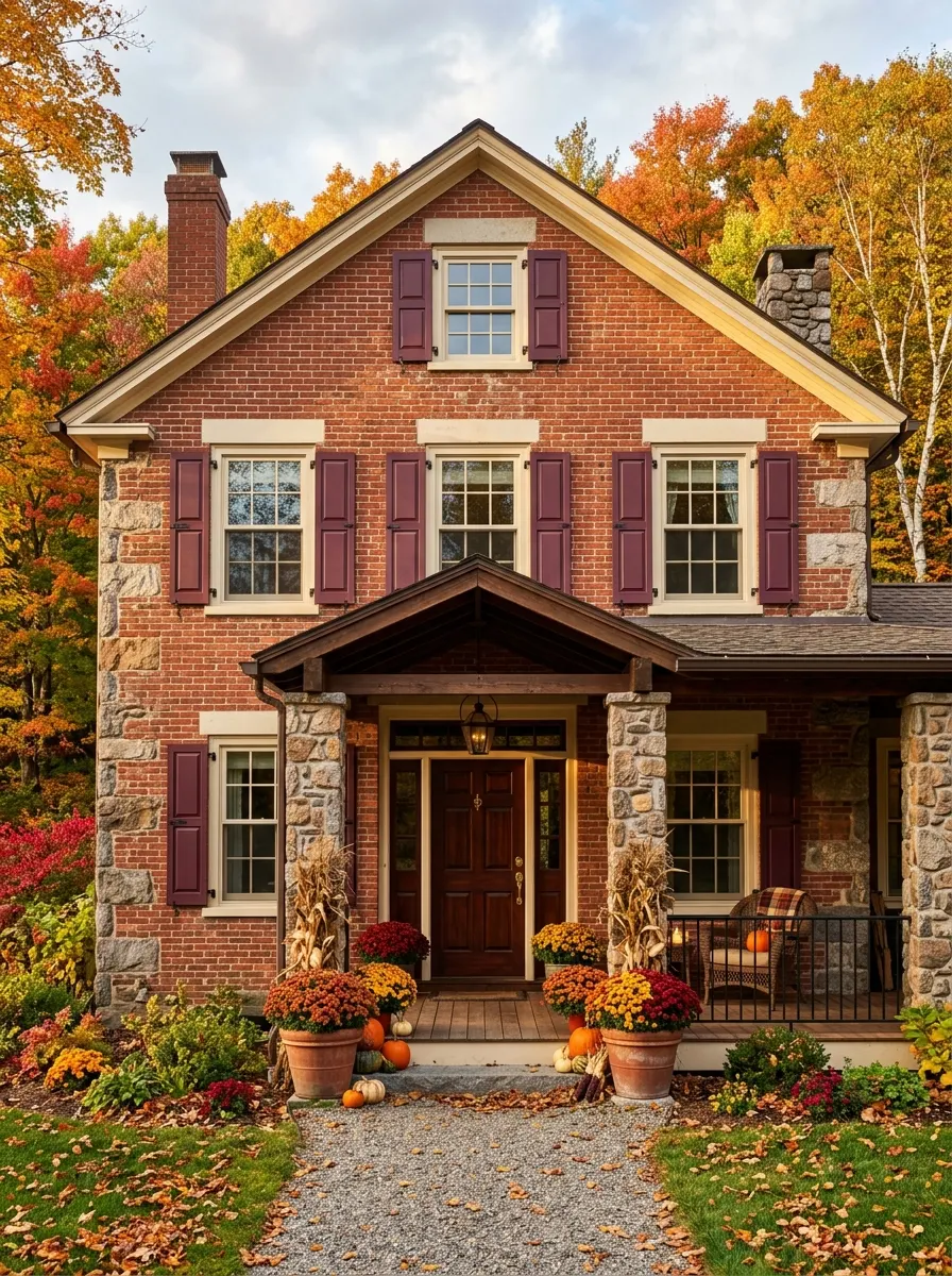 Red brick farmhouse exterior with deep burgundy shutters, natural fieldstone corner accents, mahogany door, and cream trim for rich autumn curb appeal