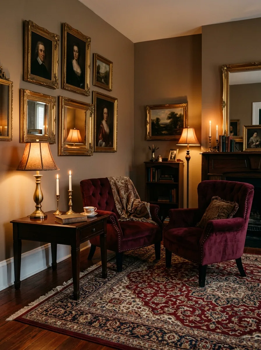 Burgundy velvet chairs with taupe walls and antique gold frames in an opulent luxury living room color palette for sophisticated spaces