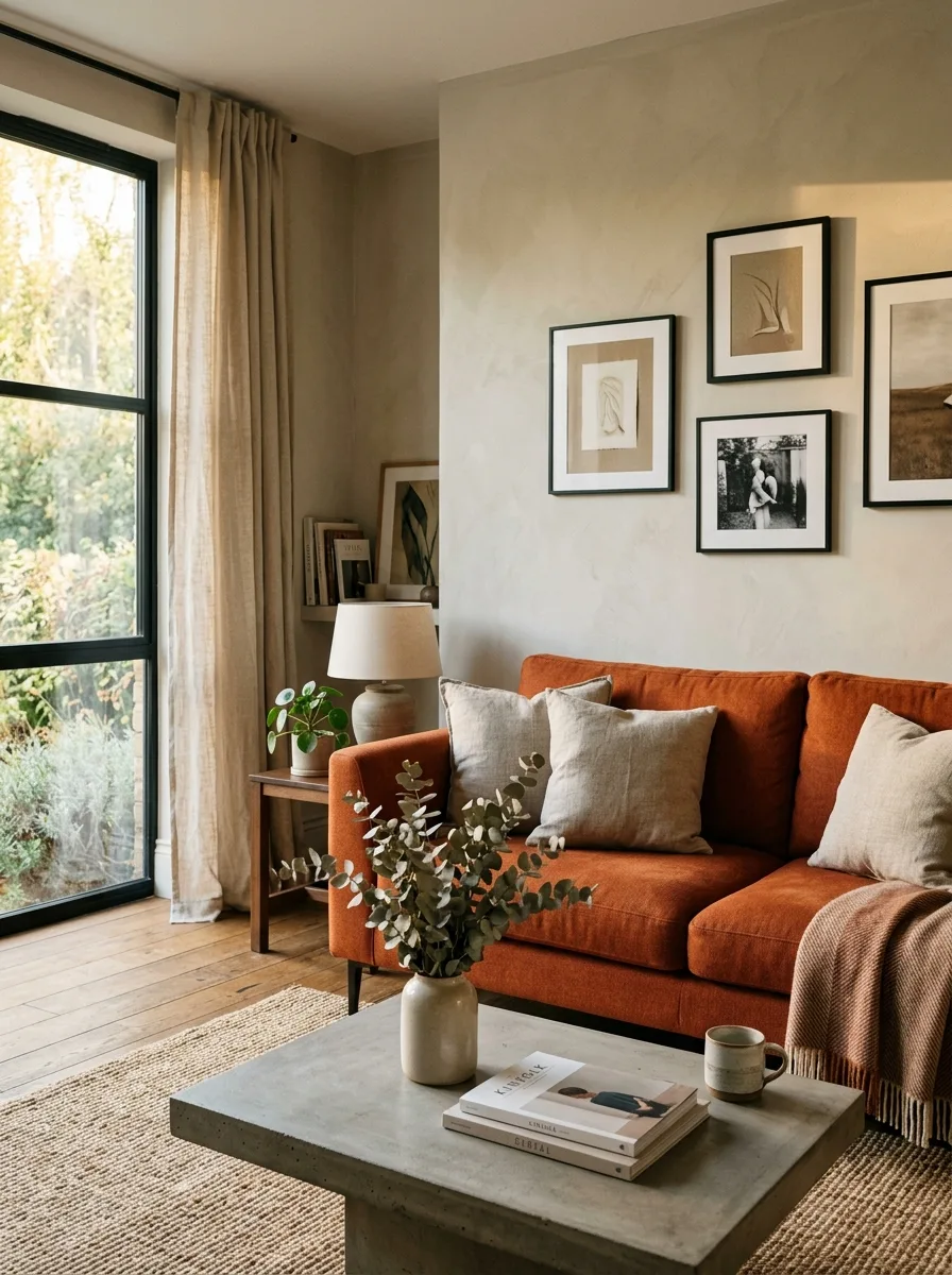 Burnt orange sofa with stone cushions and concrete table expressing sofa color meaning and creative energy through grounded earthy styling