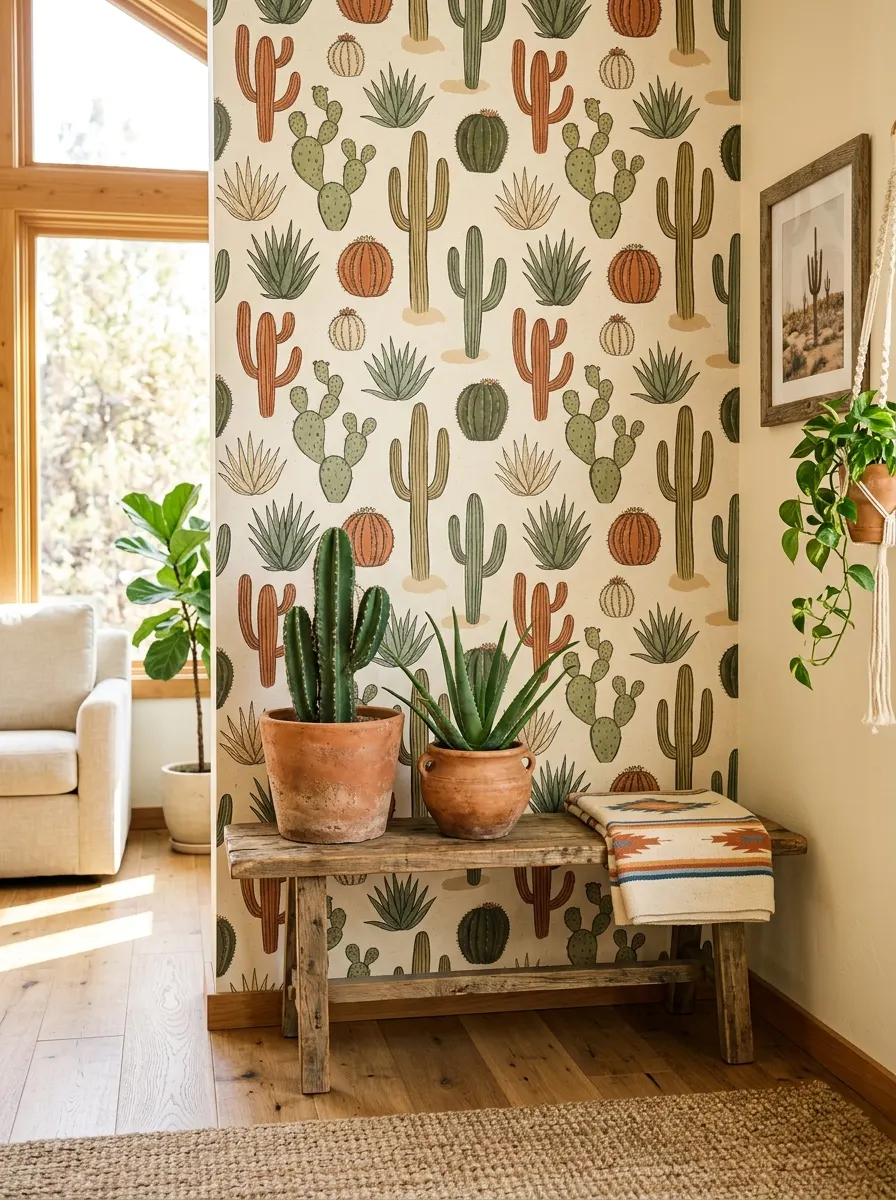 Southwestern living room style accent wall with illustrated cactus print wallpaper in terracotta and sage, reclaimed wood bench, and terracotta pots in natural light
