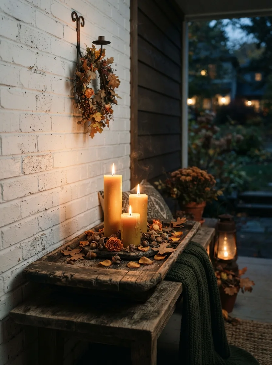 Three pillar candles in varying heights on a wooden tray with acorns as a warm fall porch décor evening detail