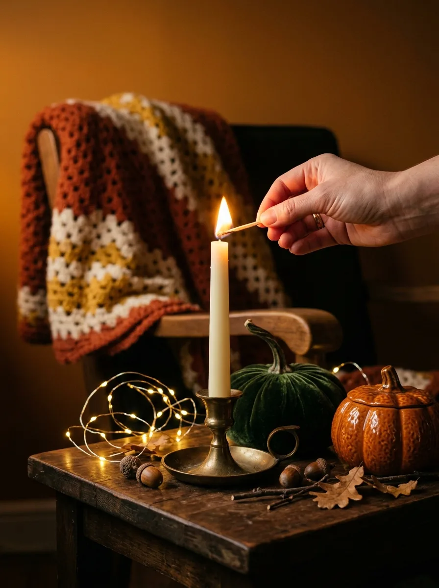 Why Fall Décor Hits Different: 17 Principles You Never Knew You Needed 16 Hand lighting ivory taper candle on autumn side table with pumpkins and fairy light garland showing how flame activates fall décor atmosphere