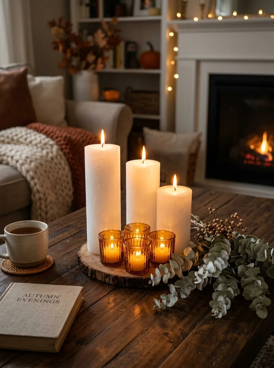 White pillar candles and amber votives clustered on a coffee table for warm fall living room decor accent