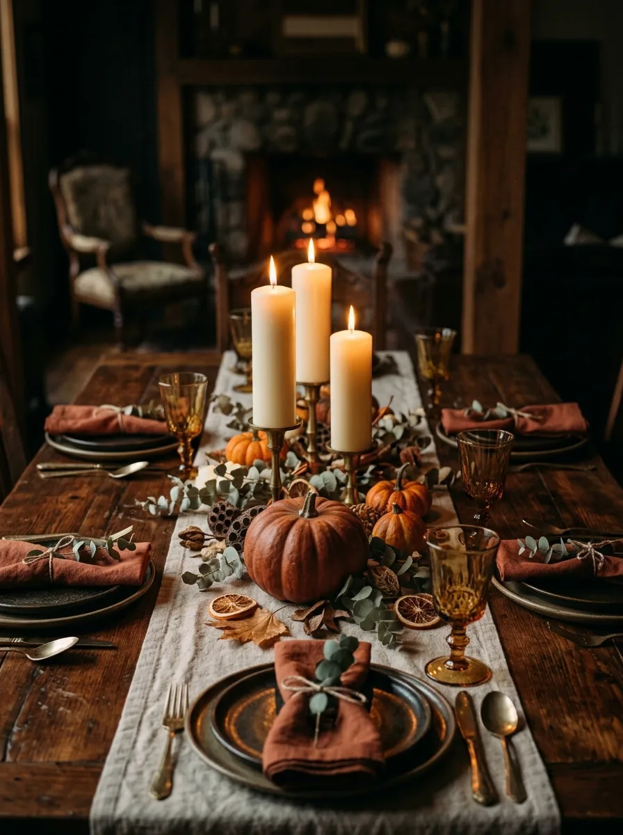 The 16 Small Decisions That Make Fall Table Décor Actually Worth Noticing 11 Amber candlelight and soft string lights inside a glass vase create intimate mood lighting for fall table décor at dusk