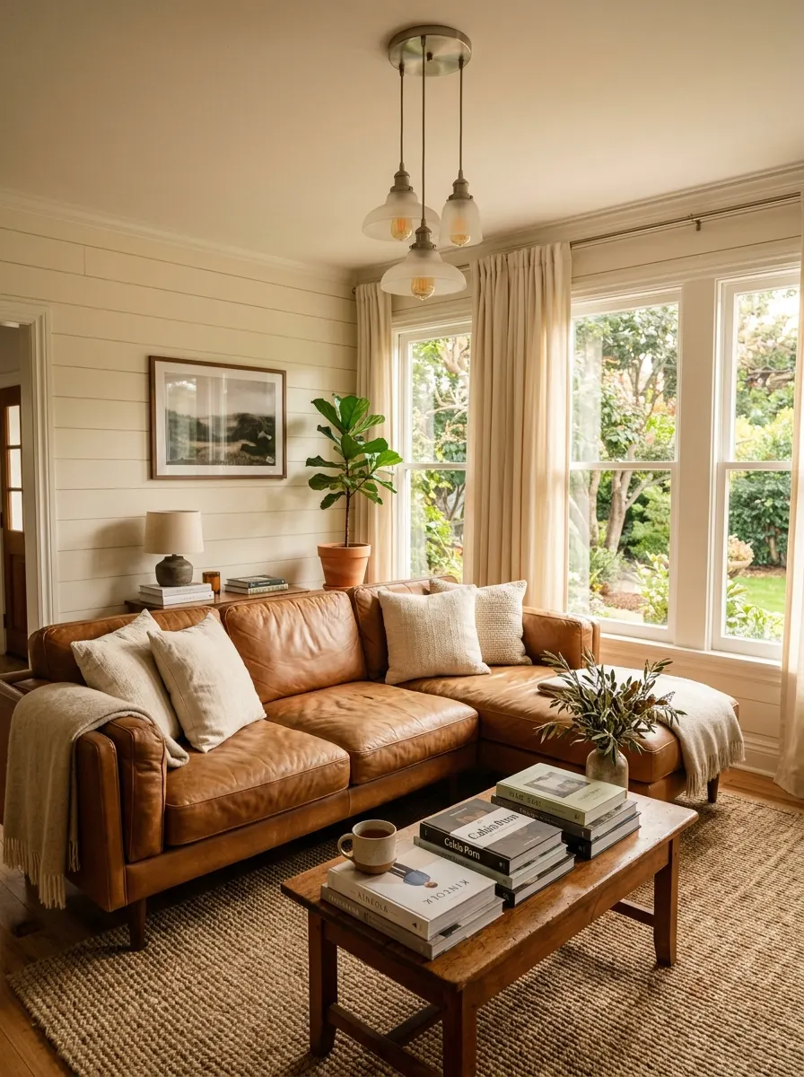 Caramel leather sofa with cream curtains and brushed nickel lighting in a warm elegant living room palette for modern spaces