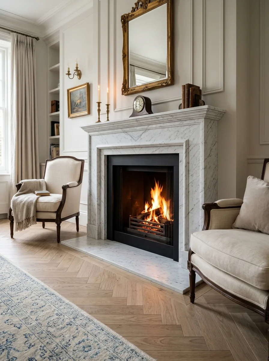 20 Fireplace Design Ideas Built Around the Three Pillars of Color, Space, and Flame 12 Elegant fireplace decor featuring Carrara marble surround, grey veining, black steel firebox, and warm flames in a classical European-style living room