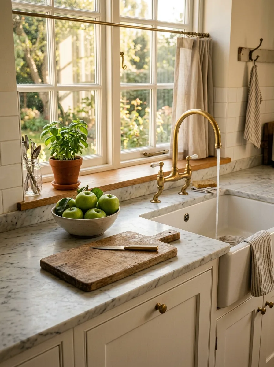 Carrara marble countertop with brass faucet and green apples reflecting the quiet luxury of the Nancy Meyers home aesthetic