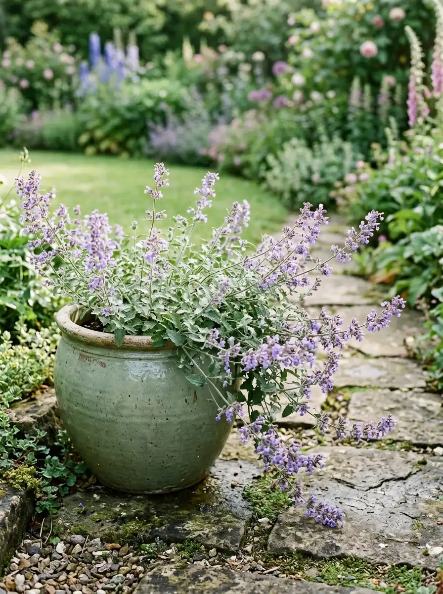 17 Full Sun Perennials for Low-Maintenance Container Gardens That Thrive With Minimal Care 10 Soft purple catmint flower spikes spilling over a rounded sage-green ceramic container on a stone garden path in the morning sun