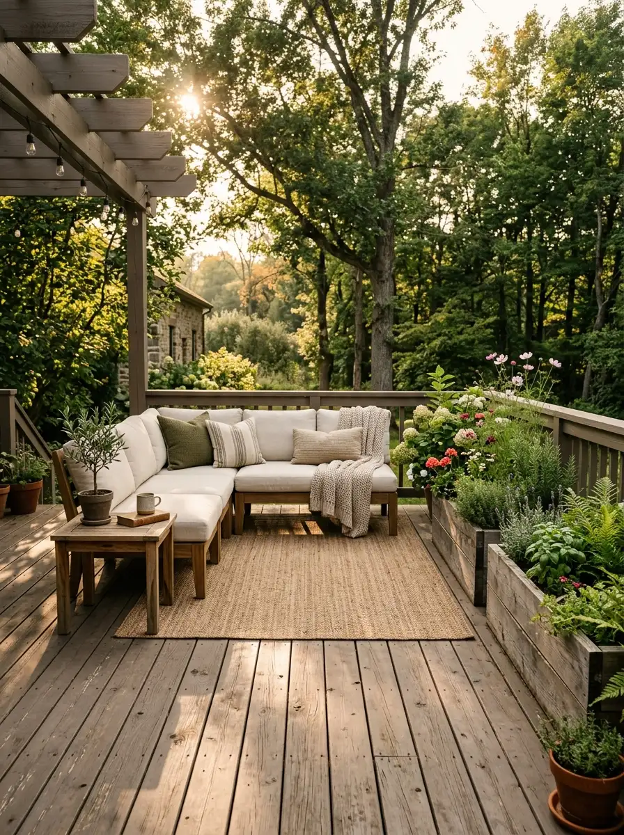 Cedar deck with dusty taupe semi-transparent stain for a warm, balanced farmhouse-inspired outdoor deck staining ideas