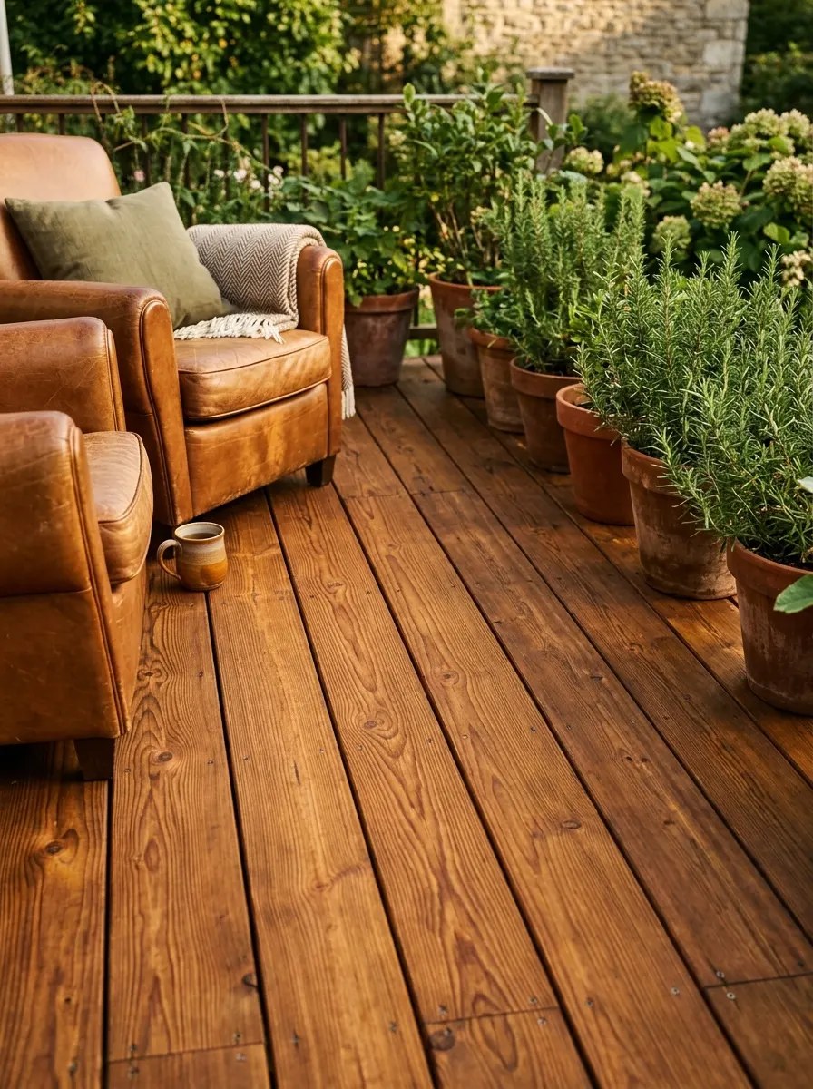 Cedar deck stained in warm chestnut tones highlighting natural grain for beautiful wood deck stain ideas