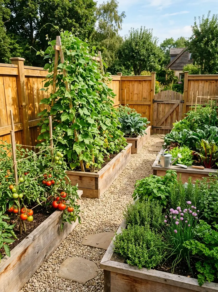 19 Smart Fence Wood Choice Ideas Comparing Cedar, Redwood, Pine, and Ipe for Beauty, Durability, and Long-Term Value 13 Honey-golden cedar fence surrounding a productive kitchen garden with raised beds, tomatoes, herbs, and climbing bean trellises