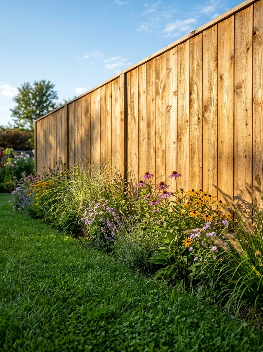 19 Smart Fence Wood Choice Ideas Comparing Cedar, Redwood, Pine, and Ipe for Beauty, Durability, and Long-Term Value 1 Golden cedar privacy fence with vertical boards surrounded by wildflowers and green lawn in warm afternoon light