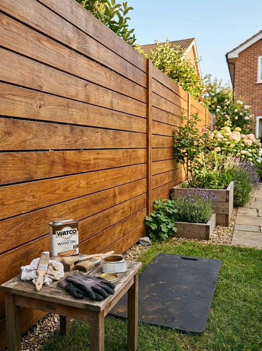 19 Smart Fence Wood Choice Ideas Comparing Cedar, Redwood, Pine, and Ipe for Beauty, Durability, and Long-Term Value 17 Homeowner applying natural wood oil to a horizontal cedar fence board on a sunny afternoon with oil tin, cloth, and sandpaper on a nearby table