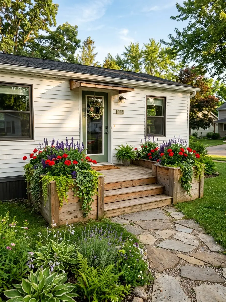 Mobile home exterior entry steps flanked by cedar raised garden boxes with red geraniums, trailing vines, and purple salvia for a welcoming curb appeal upgrade
