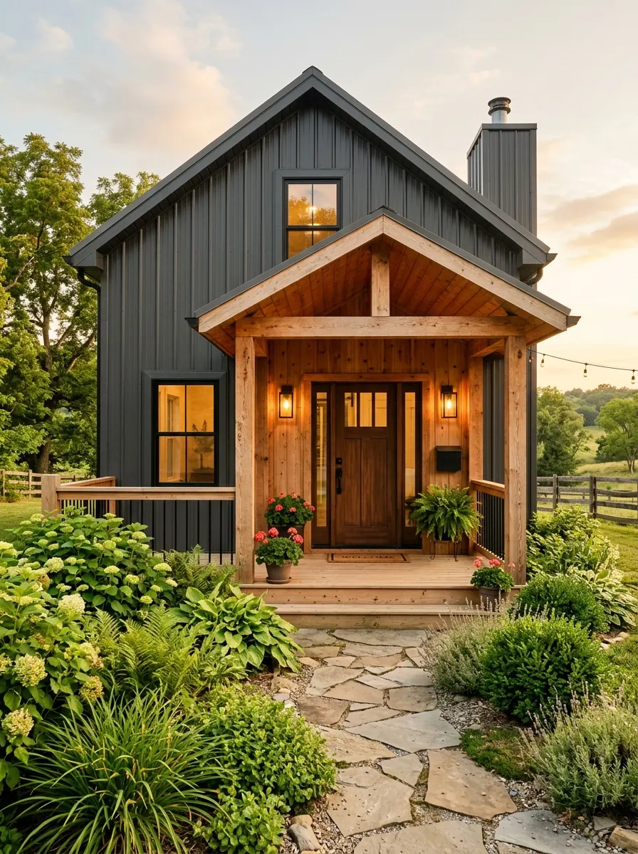19 Stunning Small Barndominium Exterior Ideas That Prove Simple Barn House Designs Can Make a Big Impact 2 Small barn style home with charcoal metal siding and warm cedar porch ceiling, columns, and front door accents at golden hour