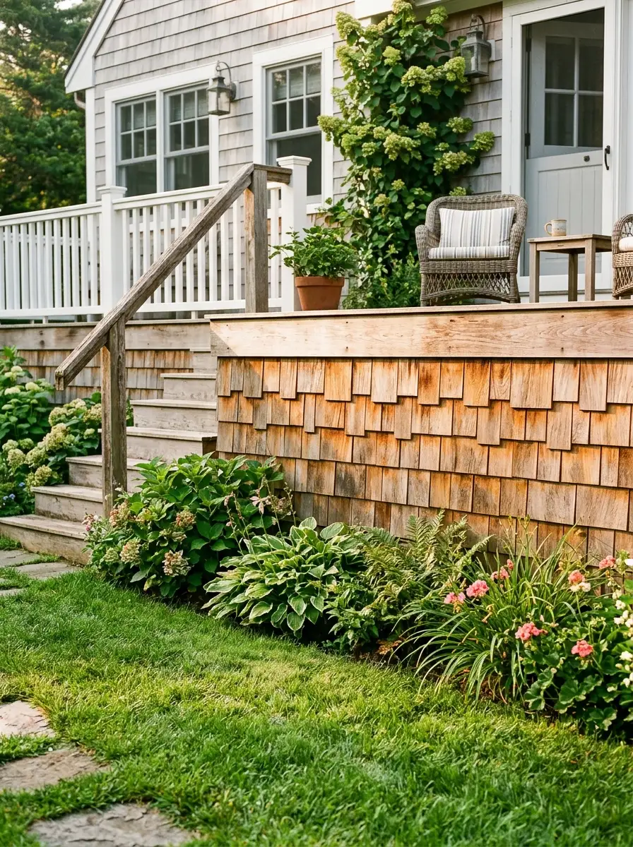 Natural cedar shingle deck base covering in warm golden tones with layered texture in a coastal cottage-style backyard