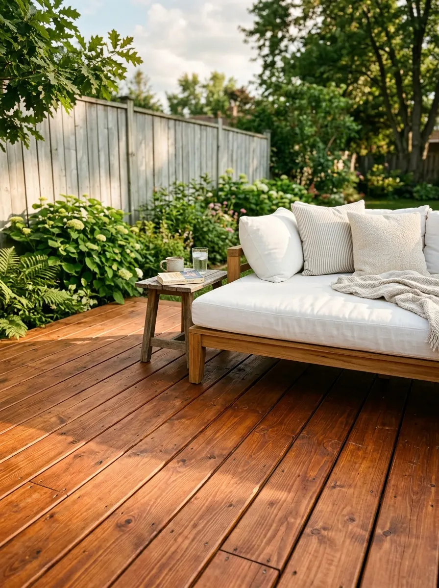 Douglas fir deck with cedar tone semi-transparent stain for a warm, natural outdoor finish among favorite stain color ideas for decks