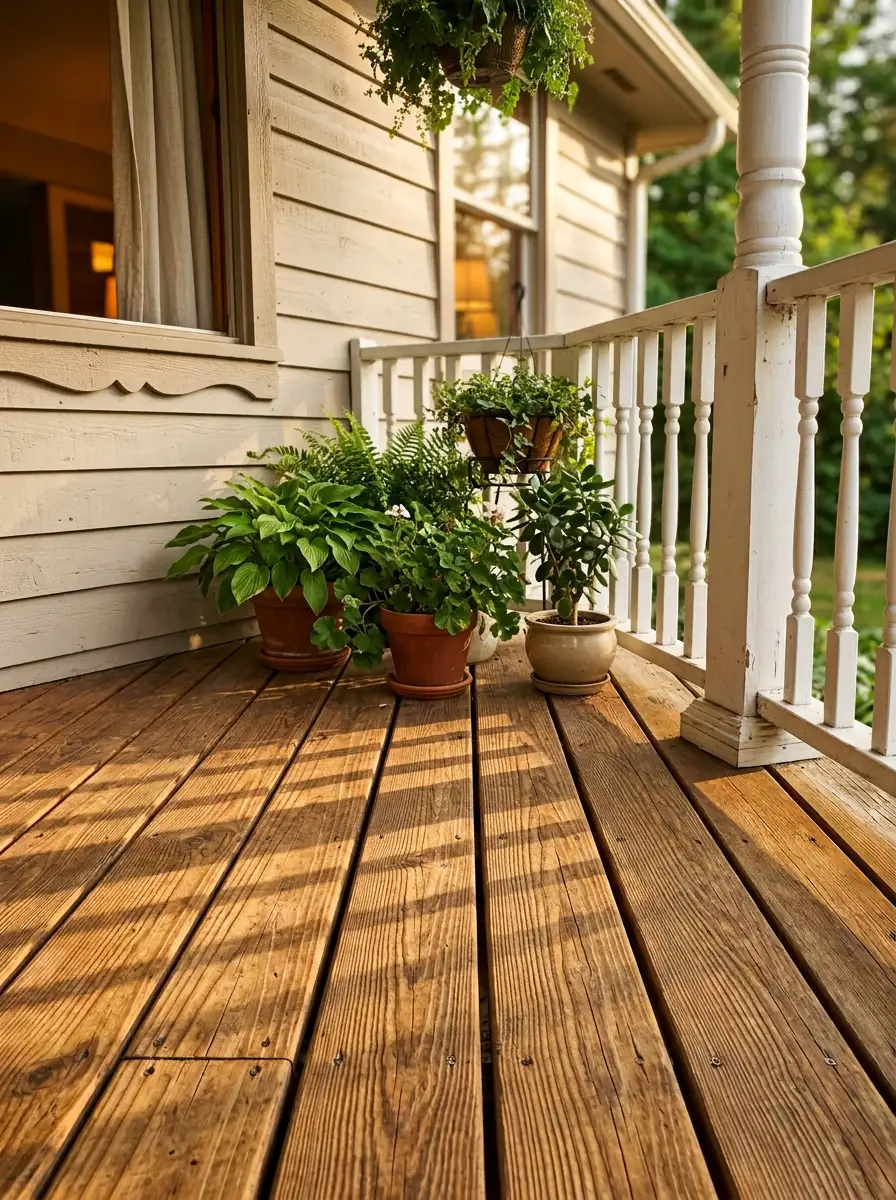 Mobile home exterior porch with natural cedar wood deck boards, white railing, column bases, and green potted plants for a warm residential upgrade