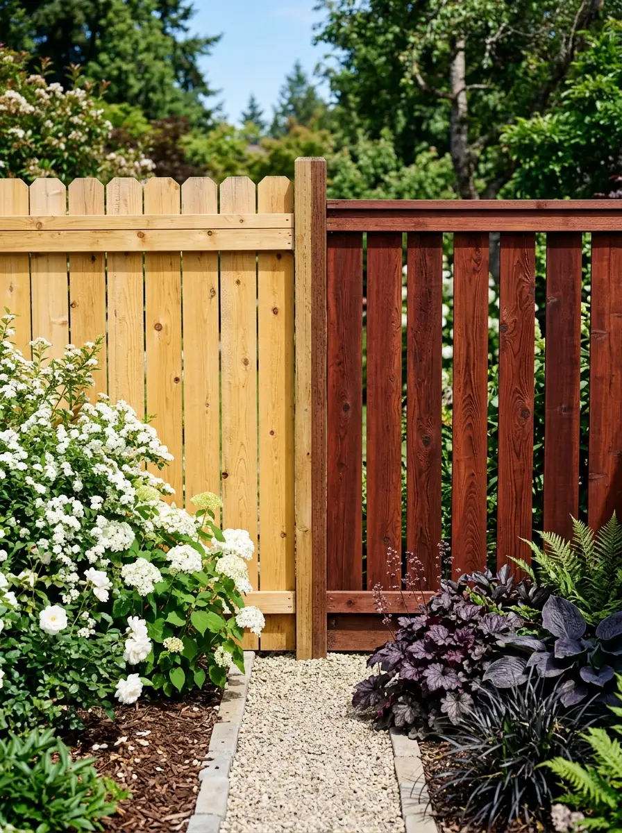 19 Smart Fence Wood Choice Ideas Comparing Cedar, Redwood, Pine, and Ipe for Beauty, Durability, and Long-Term Value 10 Side-by-side garden comparison of golden cedar fence and deep reddish-brown redwood fence showing color and grain differences