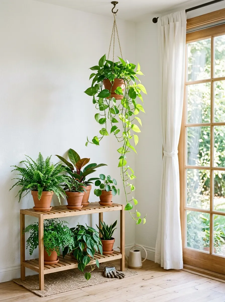 The 20 Houseplant Corners We Keep Coming Back to for Real Inspiration 8 Bright sunlit houseplant corner with trailing pothos on brass ceiling hook above two-tier slatted stand with ferns and philodendrons