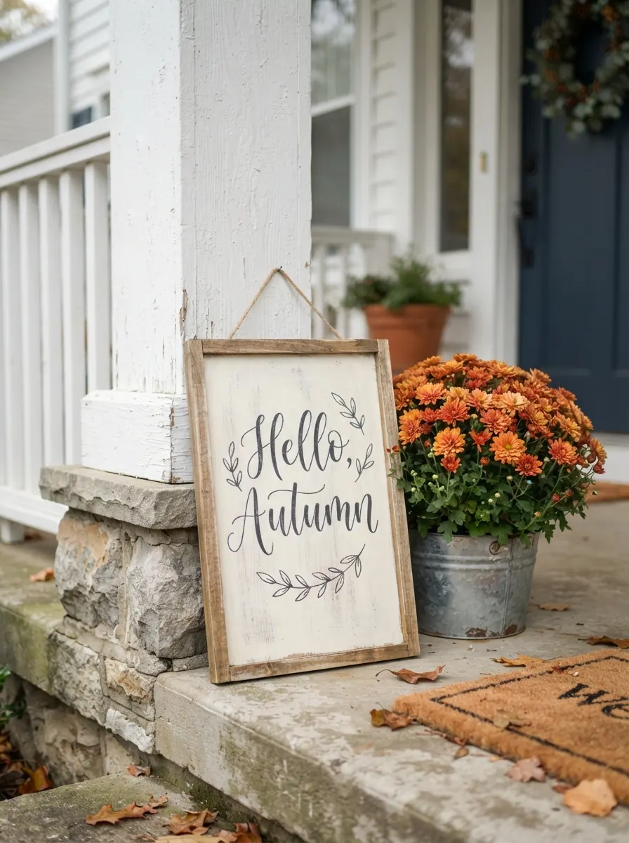 Chalk-painted wooden board with "Hello, Autumn" lettering leaning against a porch column as small porch fall decor