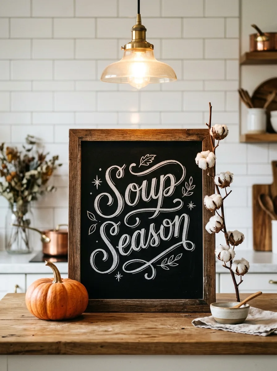 Black chalkboard sign reading Soup Season propped against white tile kitchen backsplash with small pumpkin for fall kitchen styling