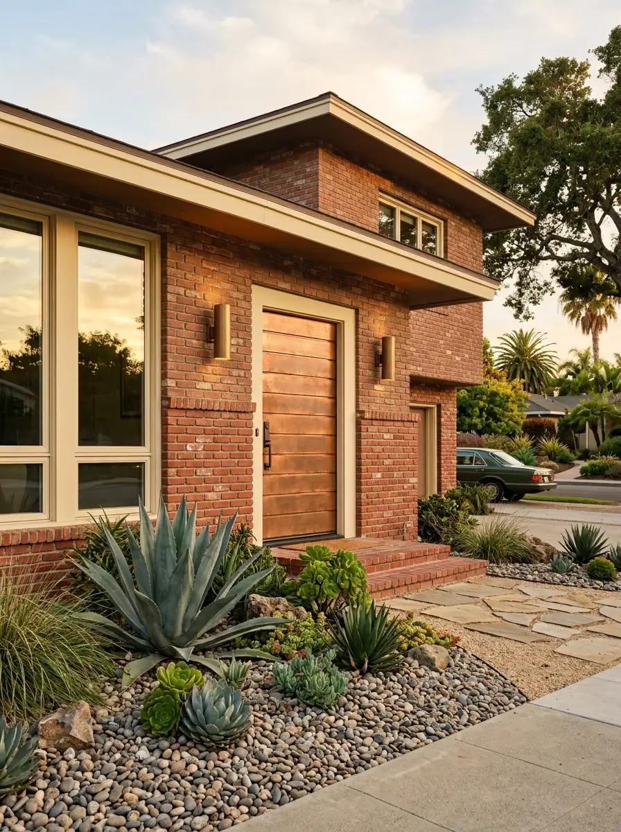 Red brick mid-century modern home with warm copper stucco siding, metal copper front door, bronze sconces, and succulent garden for earthy curb appeal