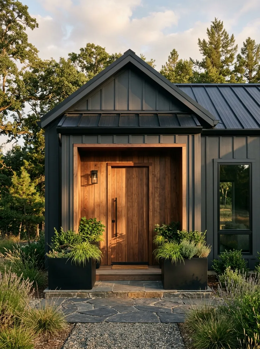 19 Stunning Small Barndominium Exterior Ideas That Prove Simple Barn House Designs Can Make a Big Impact 19 Small barndominium exterior in charcoal gray board-and-batten siding with a warm walnut wood entry surround, flush door, and black steel planters at dusk