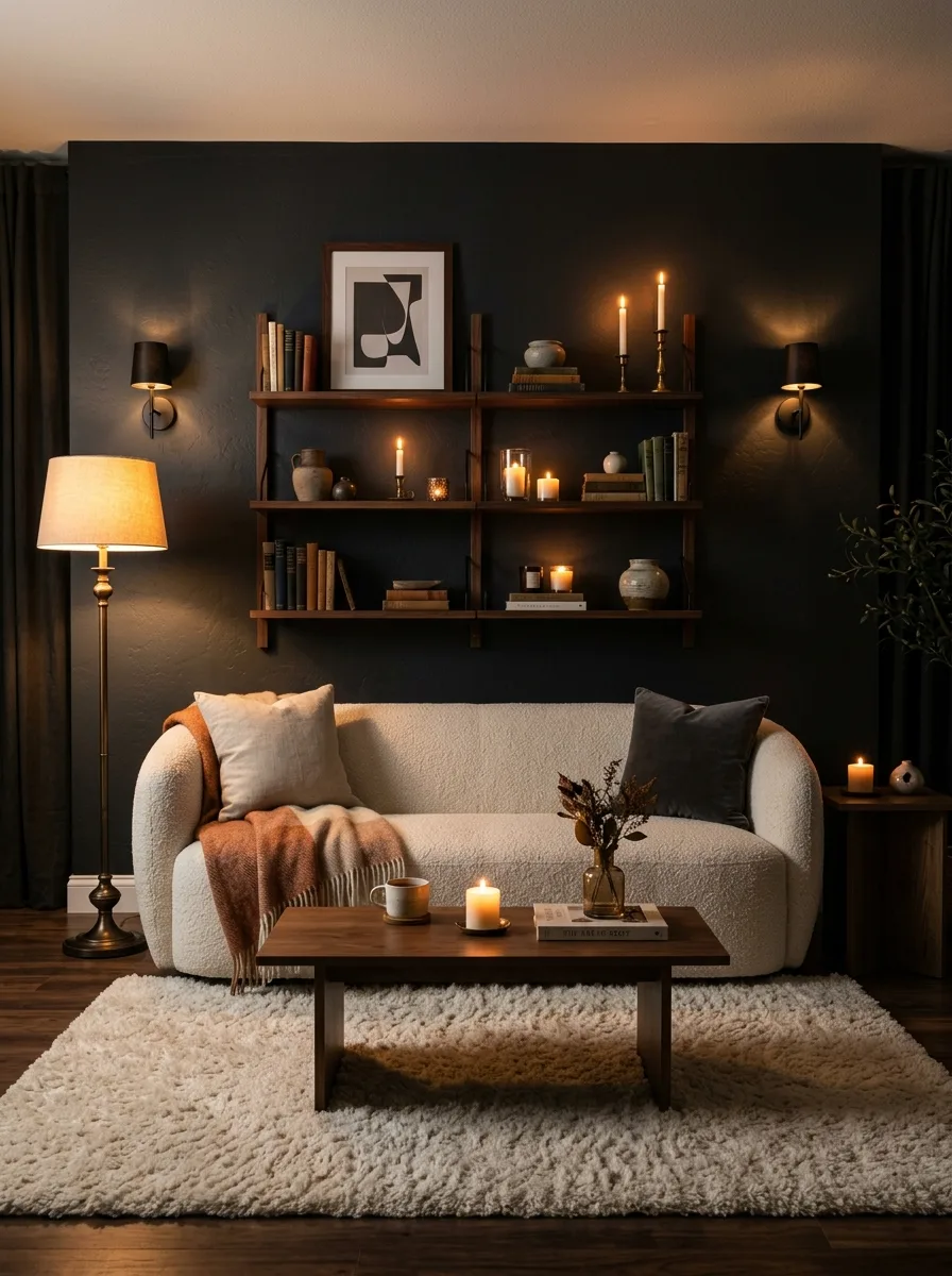 Charcoal feature wall with ivory boucle sofa and bronze lamp in a moody luxury living room color palette