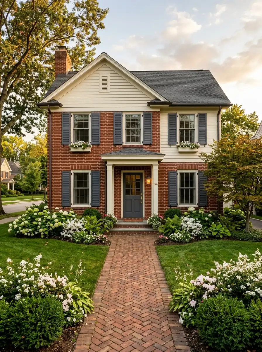 Red brick home exterior with charcoal gray shutters, warm cream upper siding, and white trim for an elegant curb appeal look