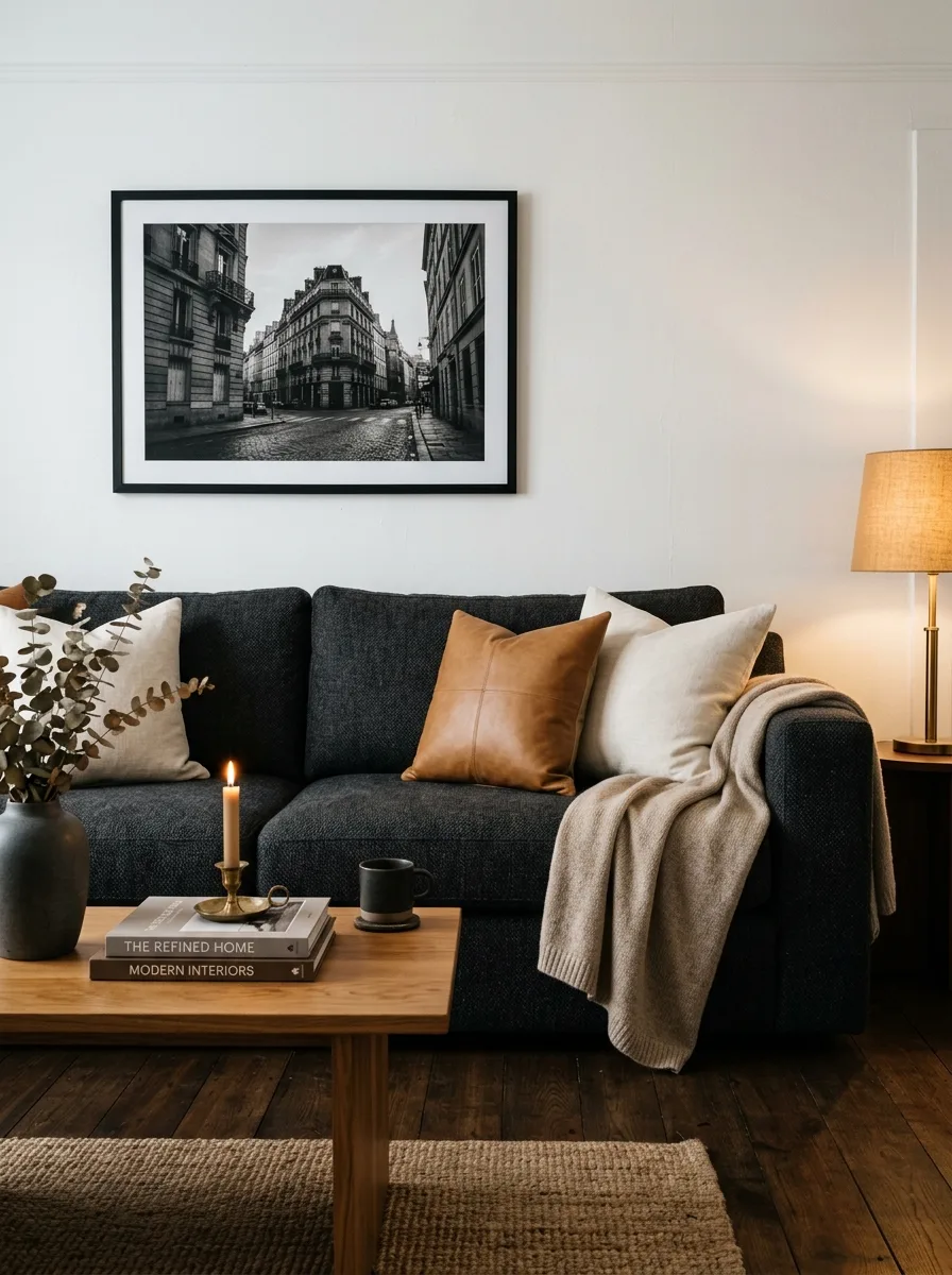 Dark charcoal sofa with ivory cushions and oak table illustrating living room color psychology through quiet authority and refined modern contrast