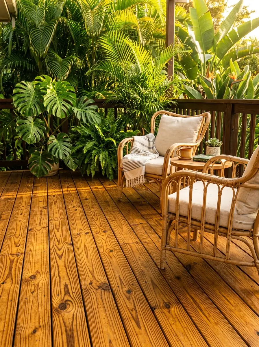 Pine deck finished in chestnut gold stain enhancing natural undertones for radiant outdoor deck staining ideas