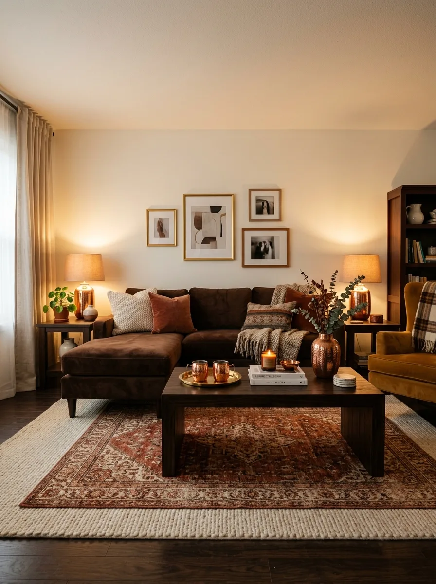 Chocolate brown velvet sofa with ivory walls and copper lamp creating a warm and rich luxury living room color palette