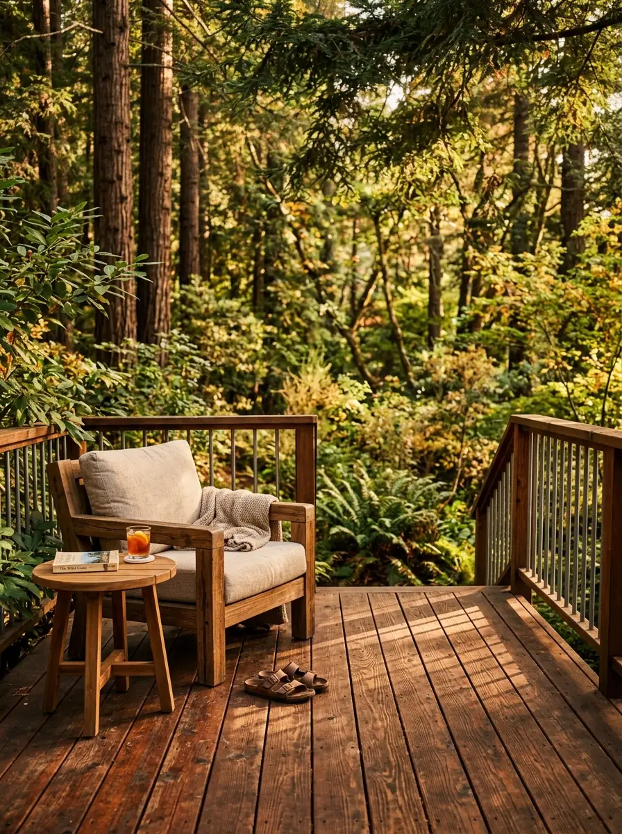 Redwood deck in cinnamon brown stain creating a deeply warm, organic finish for beautiful outdoor deck staining ideas
