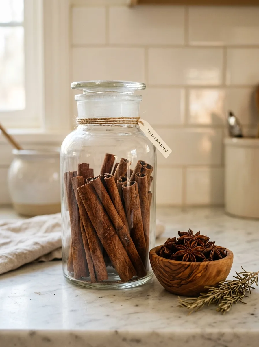 Tall clear glass jar filled with whole cinnamon sticks on white marble kitchen counter with star anise for fall kitchen décor ideas styling