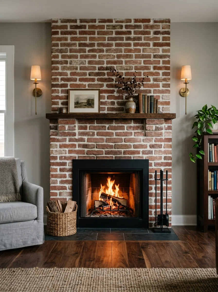20 Fireplace Design Ideas Built Around the Three Pillars of Color, Space, and Flame 5 Classic brick fireplace decor with exposed red brick, brass sconces, black steel insert, and warm flames in a transitional living room
